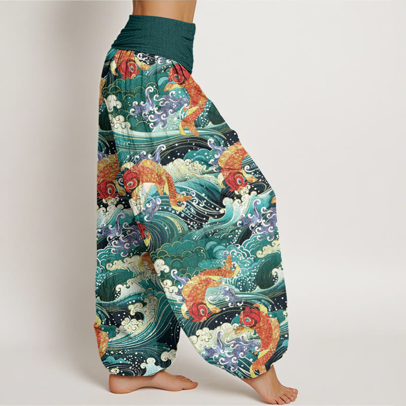 Buddha Stones Casual Koi Fish Ocean Waves Pattern Women's Elastic Waist Harem Pants - image 3