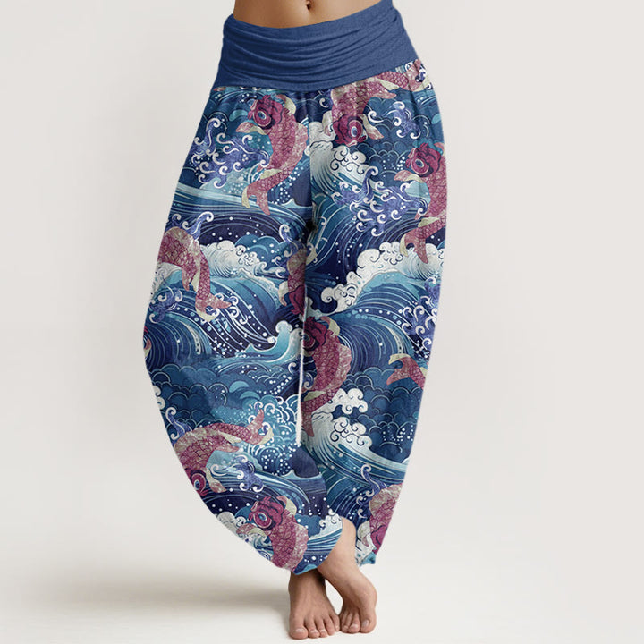 Buddha Stones Casual Koi Fish Ocean Waves Pattern Women's Elastic Waist Harem Pants - DarkBlue - US22，UK/AU26，EU54 (6XL) - image 5