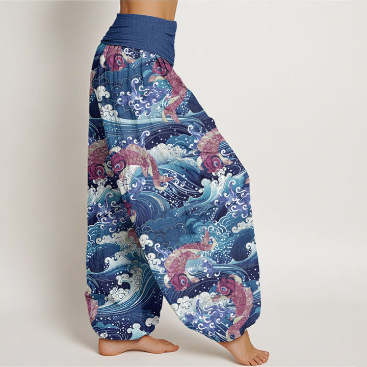 Buddha Stones Casual Koi Fish Ocean Waves Pattern Women's Elastic Waist Harem Pants - image 7