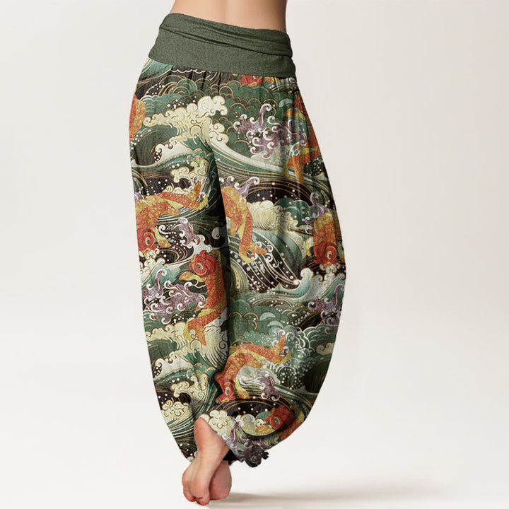Buddha Stones Casual Koi Fish Ocean Waves Pattern Women's Elastic Waist Harem Pants - image 9