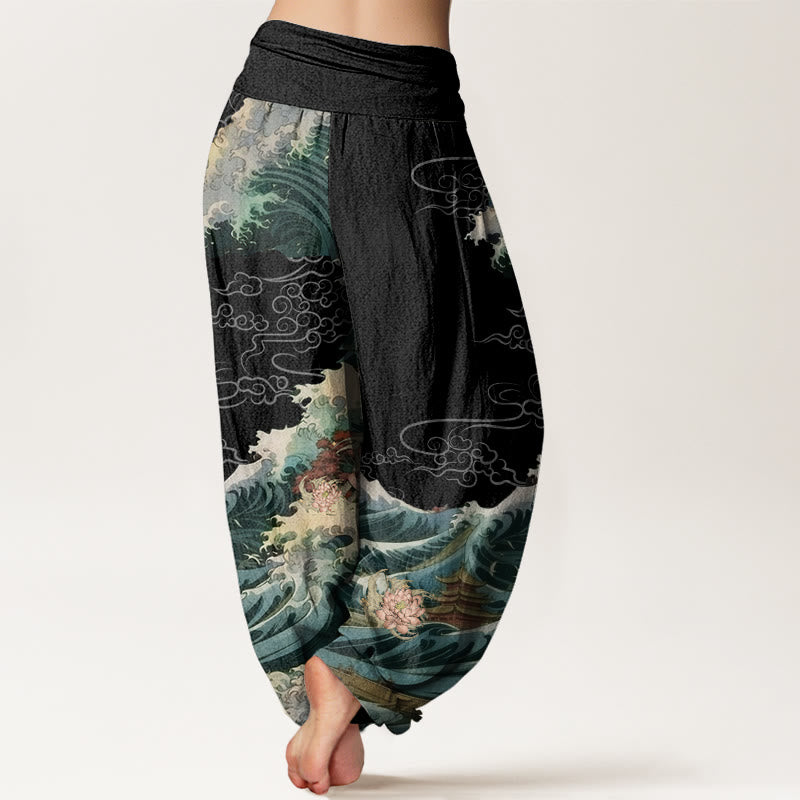 Buddha Stones Casual Blooming Lotuse Wave Pavilion Pattern Women's Elastic Waist Harem Pants - image 2
