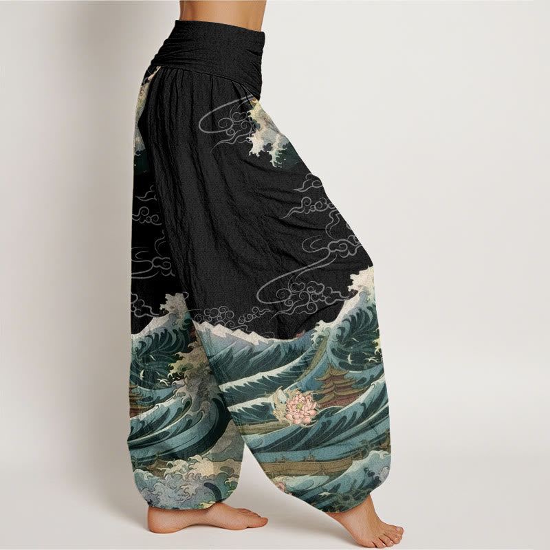 Buddha Stones Cotton Casual Blooming Lotuse Wave Pavilion Pattern Women's Elastic Waist Harem Pants - image 2