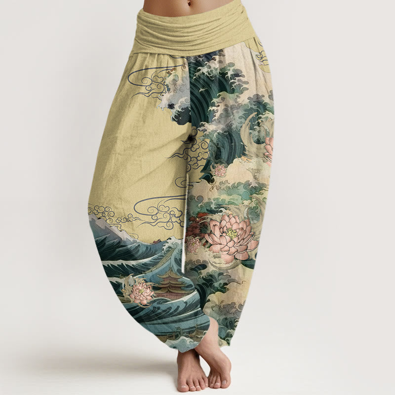 Buddha Stones Casual Blooming Lotuse Wave Pavilion Pattern Women's Elastic Waist Harem Pants - Khaki - US22，UK/AU26，EU54 (6XL) - image 5