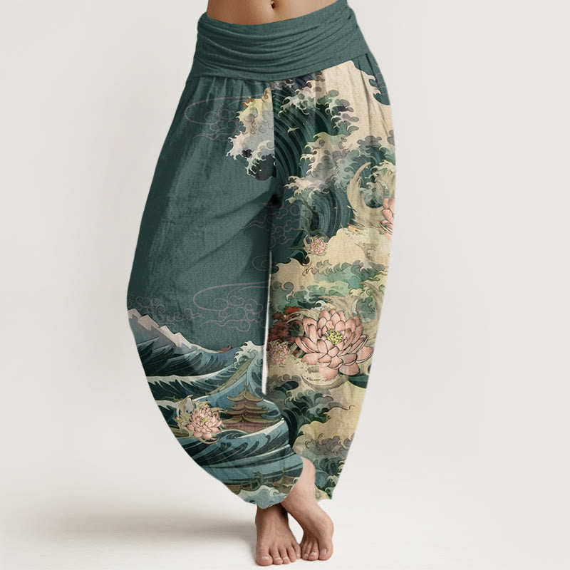 Buddha Stones Cotton Casual Blooming Lotuse Wave Pavilion Pattern Women's Elastic Waist Harem Pants - SeaGreen - US22，UK/AU26，EU54 (6XL) - image 7