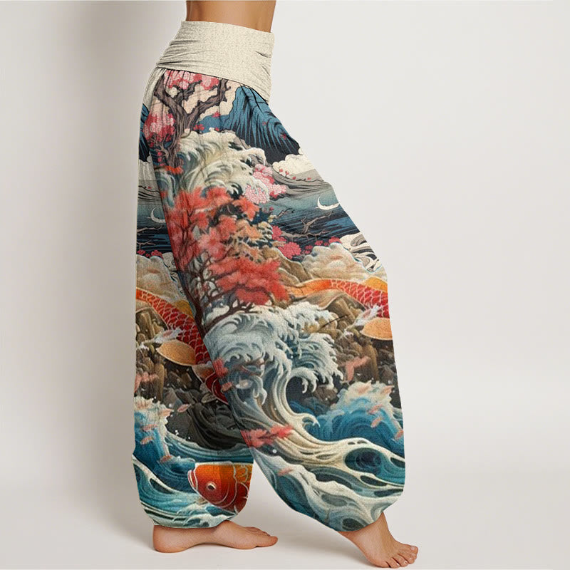 Buddha Stones Casual Blossoming Tree Koi Fish Wave Mountain Pattern Women's Elastic Waist Harem Pants - image 3
