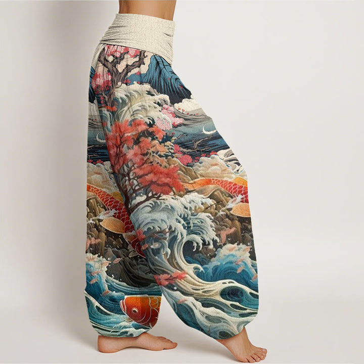 Buddha Stones Casual Blossoming Tree Koi Fish Wave Mountain Pattern Women's Elastic Waist Harem Pants - image 3