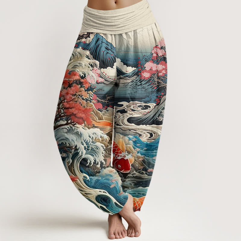 Buddha Stones Cotton Casual Blossoming Tree Koi Fish Wave Mountain Pattern Women's Elastic Waist Harem Pants - Beige - US22，UK/AU26，EU54 (6XL) - image 0