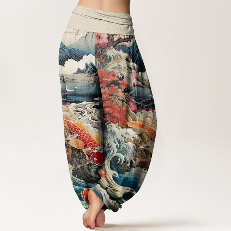 Buddha Stones Cotton Casual Blossoming Tree Koi Fish Wave Mountain Pattern Women's Elastic Waist Harem Pants - image 1