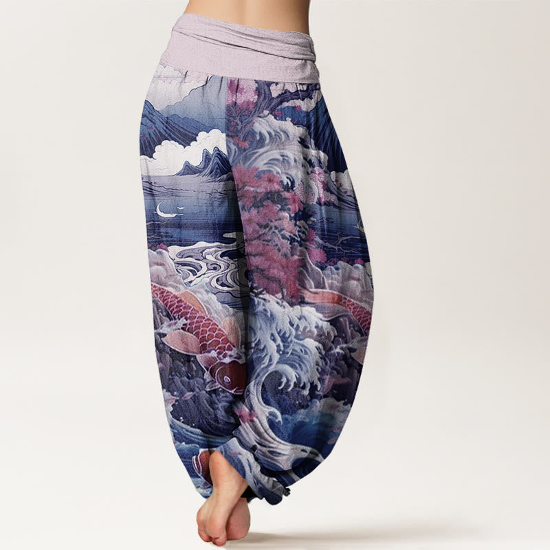 Buddha Stones Casual Blossoming Tree Koi Fish Wave Mountain Pattern Women's Elastic Waist Harem Pants - image 6