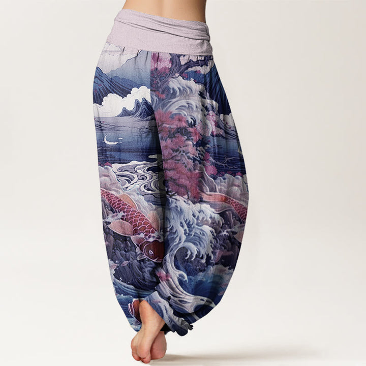 Buddha Stones Casual Blossoming Tree Koi Fish Wave Mountain Pattern Women's Elastic Waist Harem Pants - image 6