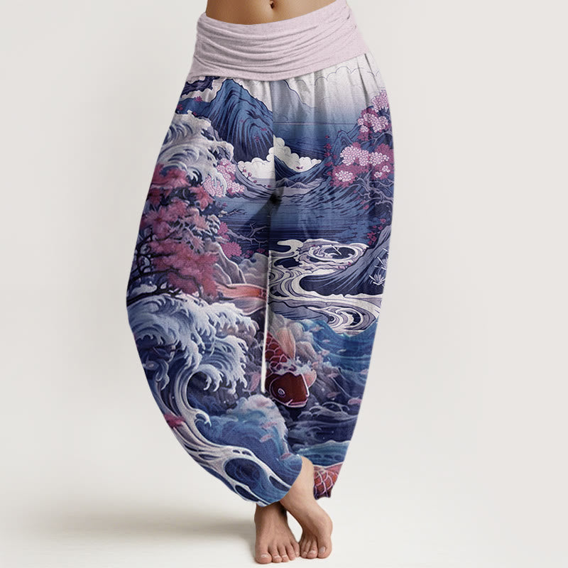 Buddha Stones Casual Blossoming Tree Koi Fish Wave Mountain Pattern Women's Elastic Waist Harem Pants - Plum - US22，UK/AU26，EU54 (6XL) - image 5