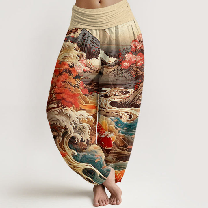 Buddha Stones Casual Blossoming Tree Koi Fish Wave Mountain Pattern Women's Elastic Waist Harem Pants - PaleGoldenrod - US22，UK/AU26，EU54 (6XL) - image 8