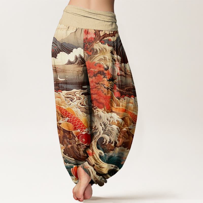 Buddha Stones Casual Blossoming Tree Koi Fish Wave Mountain Pattern Women's Elastic Waist Harem Pants - image 9