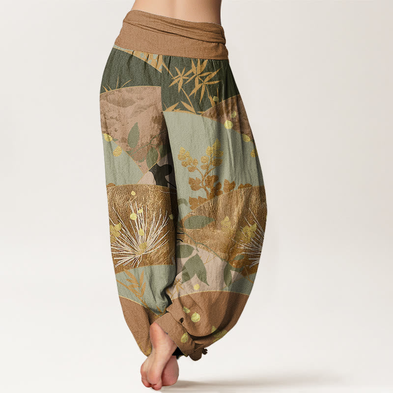 Buddha Stones Cotton Semicircle Leaves Pattern Women's Elastic Waist Harem Pants - image 1