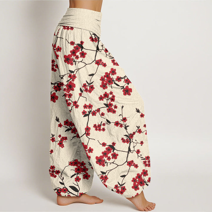 Buddha Stones Cotton Red Peach Blossom Pattern Women's Elastic Waist Harem Pants - image 2