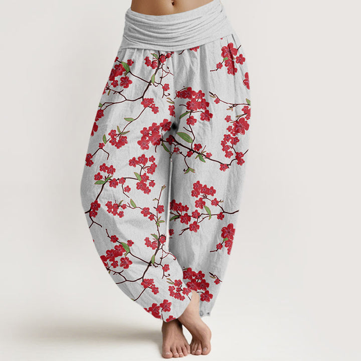 Buddha Stones Cotton Red Peach Blossom Pattern Women's Elastic Waist Harem Pants - Gainsboro - US22，UK/AU26，EU54 (6XL) - image 4