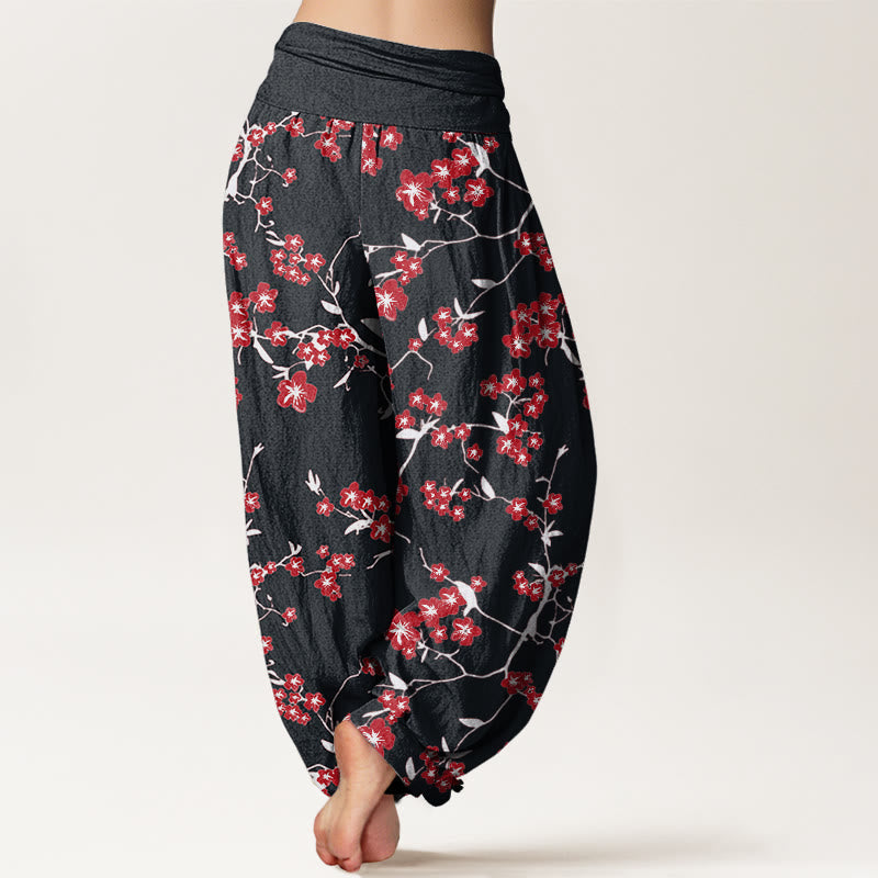 Buddha Stones Cotton Red Peach Blossom Pattern Women's Elastic Waist Harem Pants - image 8