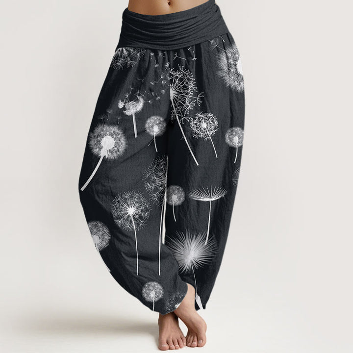 Buddha Stones Cotton Casual Dandelion Pattern Women's Elastic Waist Harem Pants - Black - US22，UK/AU26，EU54 (6XL) - image 0