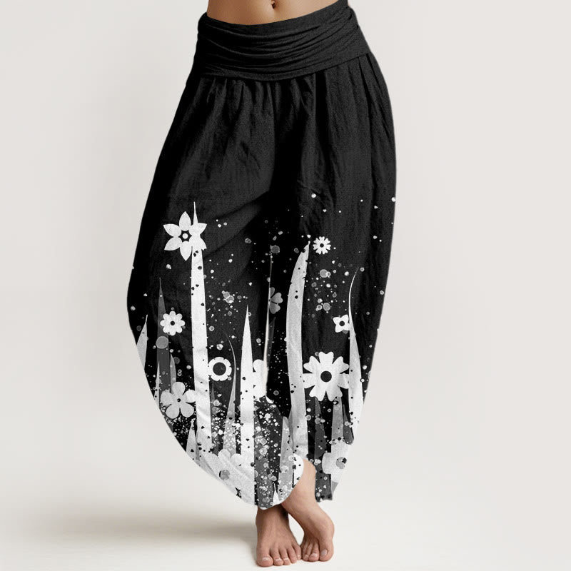 Buddha Stones Casual White Flower Grass Pattern Women's Elastic Waist Harem Pants - Black - US22，UK/AU26，EU54 (6XL) - image 1