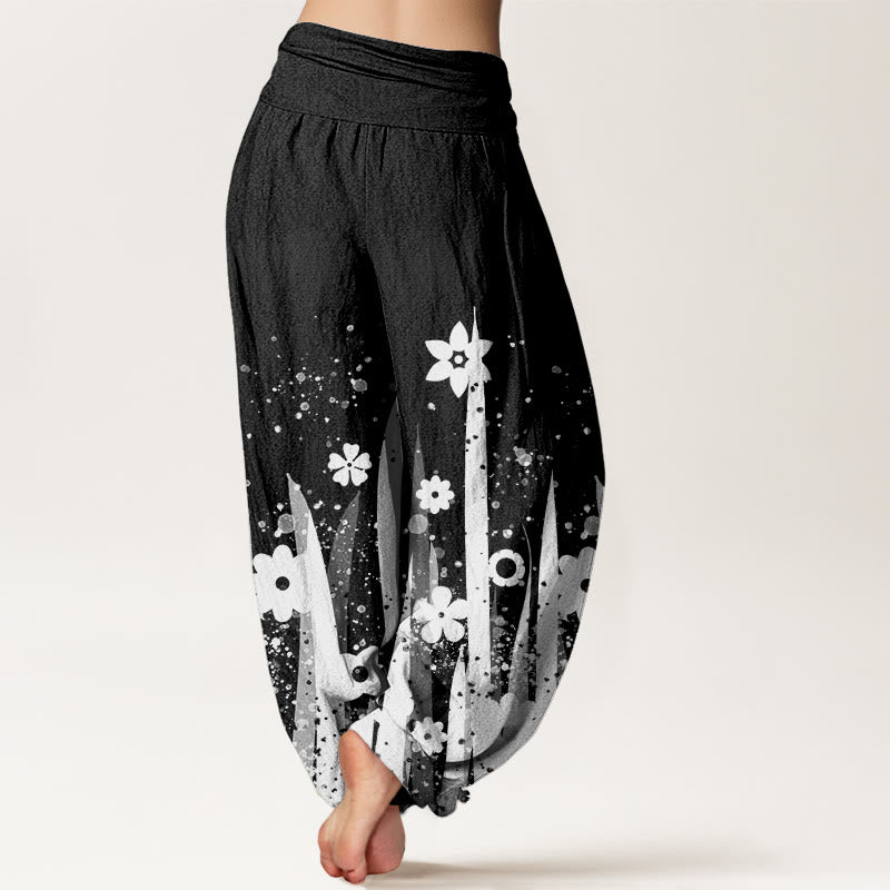 Buddha Stones Casual White Flower Grass Pattern Women's Elastic Waist Harem Pants - image 2