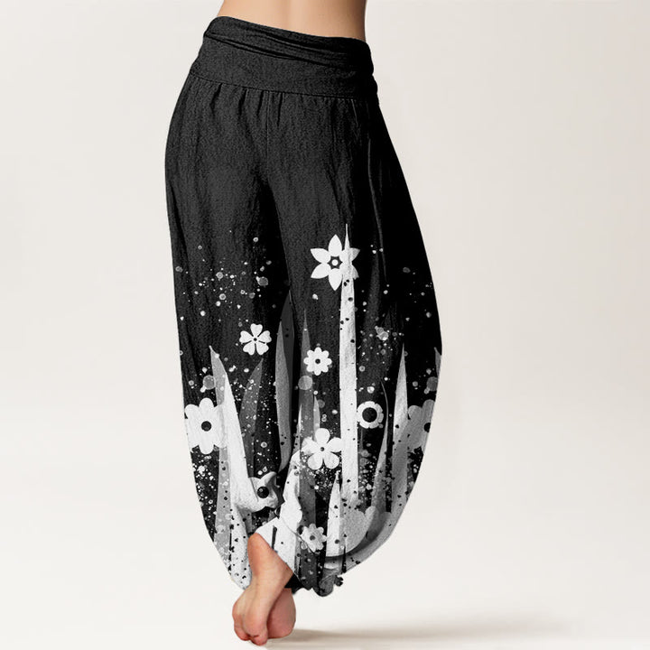 Buddha Stones Casual White Flower Grass Pattern Women's Elastic Waist Harem Pants - image 2