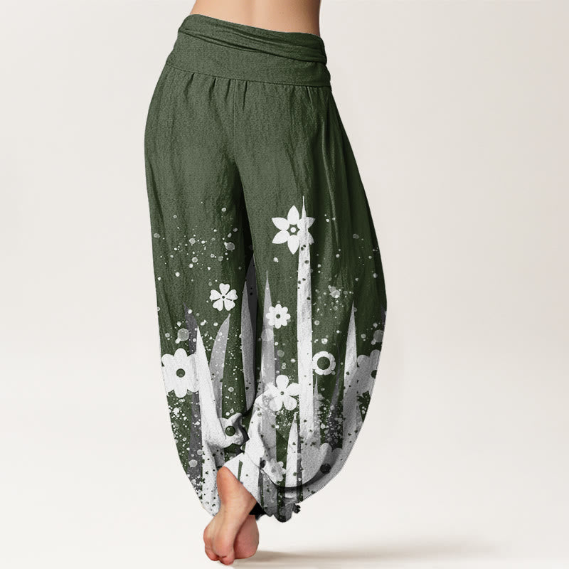Buddha Stones Casual White Flower Grass Pattern Women's Elastic Waist Harem Pants - image 6