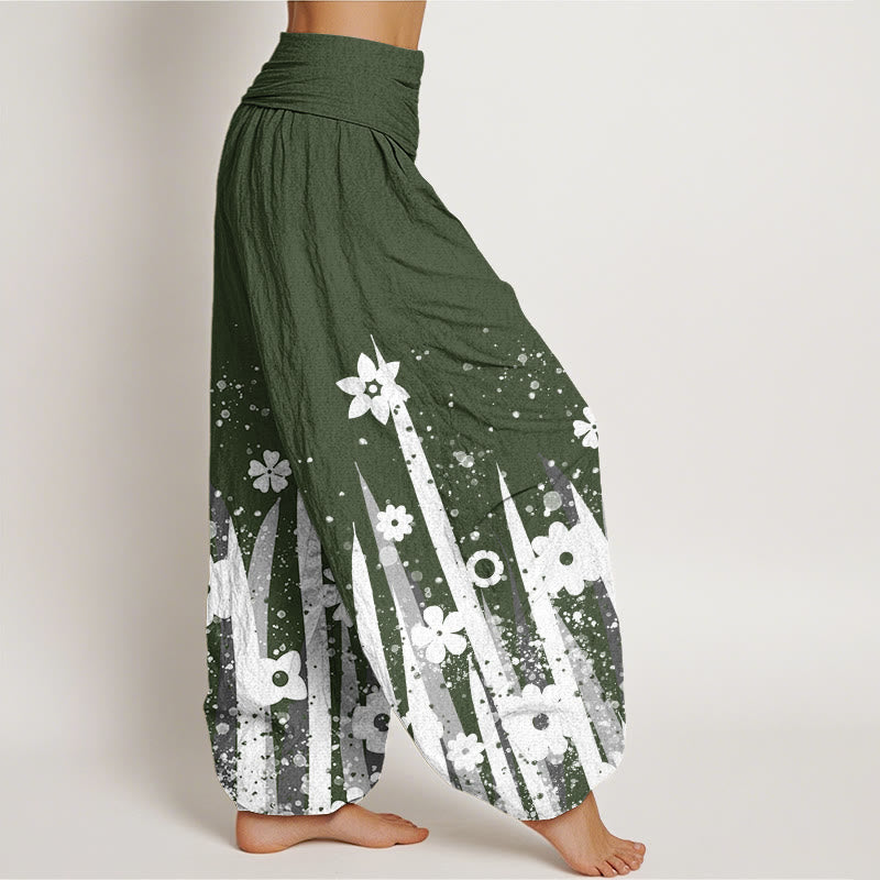 Buddha Stones Casual White Flower Grass Pattern Women's Elastic Waist Harem Pants - image 7