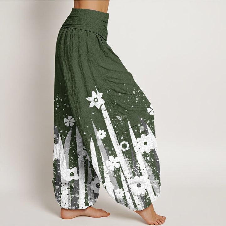 Buddha Stones Casual White Flower Grass Pattern Women's Elastic Waist Harem Pants - image 7