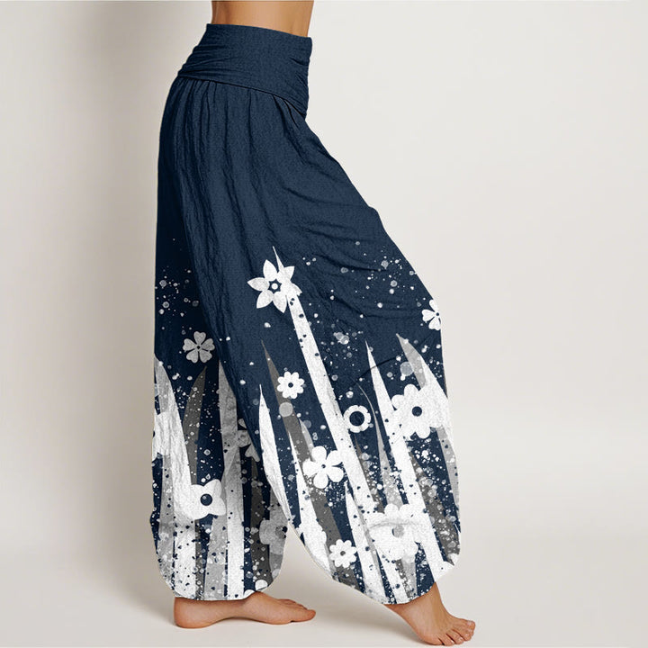 Buddha Stones Casual White Flower Grass Pattern Women's Elastic Waist Harem Pants - image 10