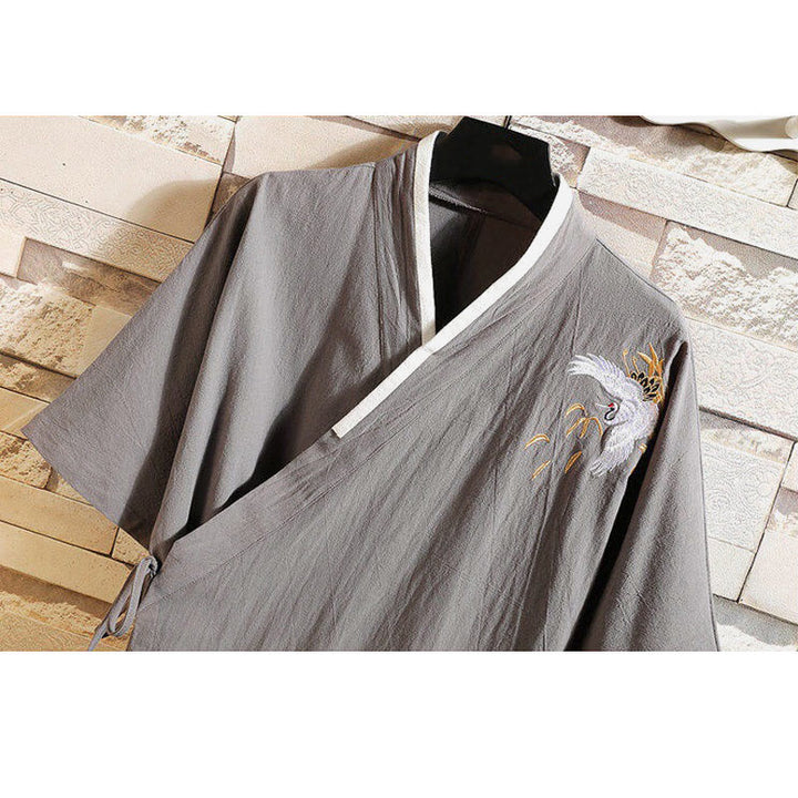 Buddha Stones Tang Suit Embroided Crane Pattern Lace-Up Side Men's Cotton Linen Short Sleeve T-Shirt - image 11