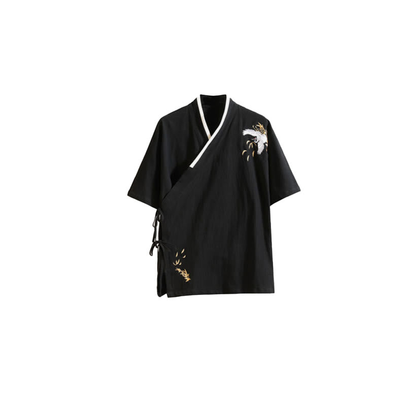 Buddha Stones Tang Suit Embroided Crane Pattern Lace-Up Side Men's Cotton Linen Short Sleeve T-Shirt - image 9