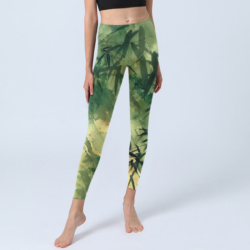 Buddha Stones Ink Blooming Bamboo Pattern Print Gym Leggings Women's Yoga Pants - image 5