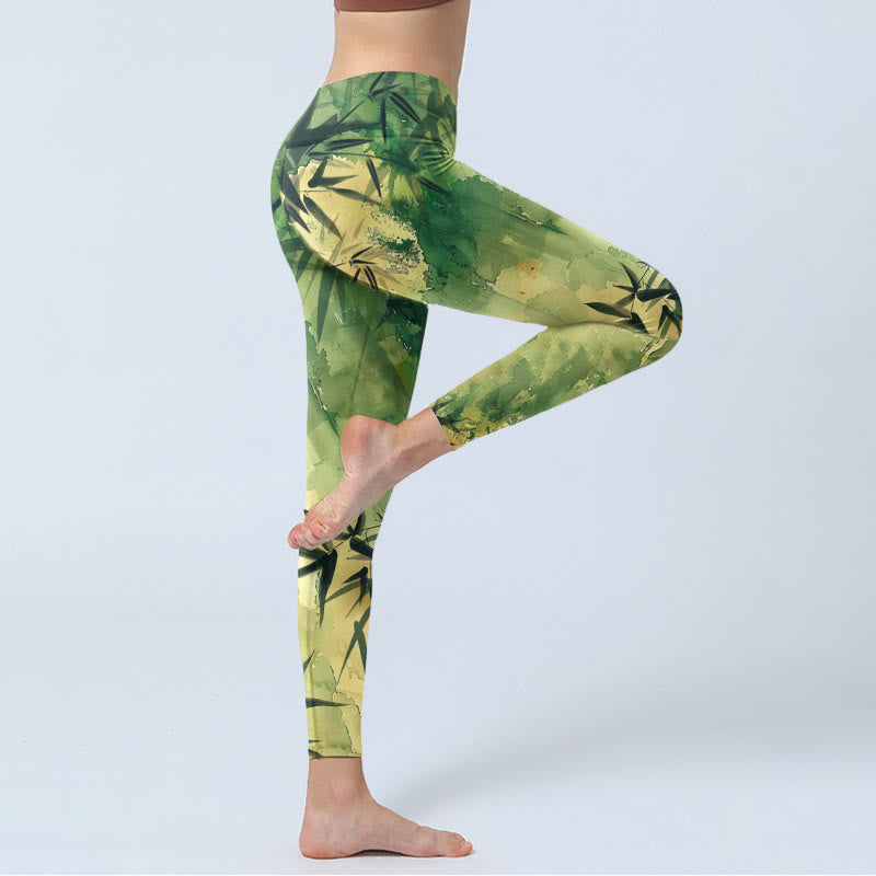Buddha Stones Ink Blooming Bamboo Pattern Print Gym Leggings Women's Yoga Pants - image 3