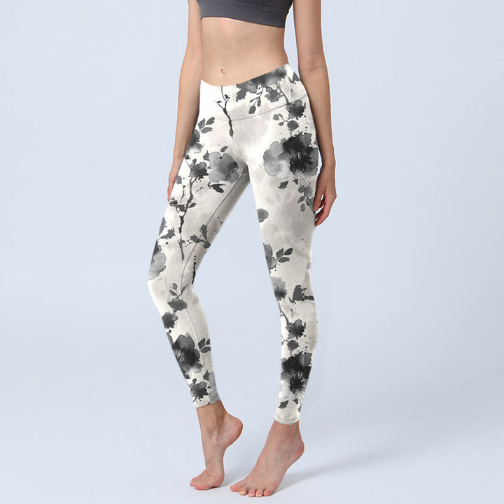 Buddha Stones Ink Painting Style Flower Pattern Print Gym Leggings Women's Yoga Pants - GhostWhite - US18，UK/AU22，EU50 (4XL) - image 0