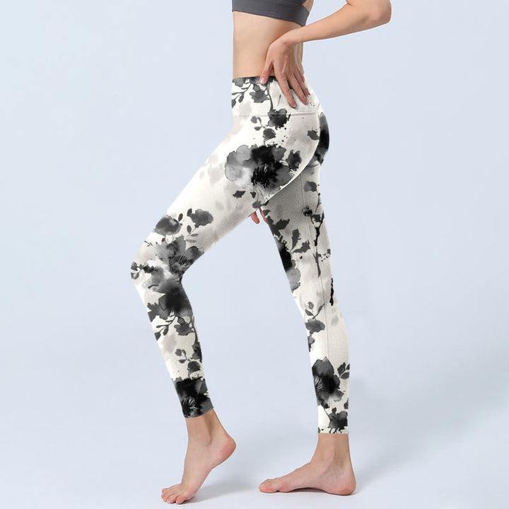 Buddha Stones Ink Painting Style Flower Pattern Print Gym Leggings Women's Yoga Pants - image 2
