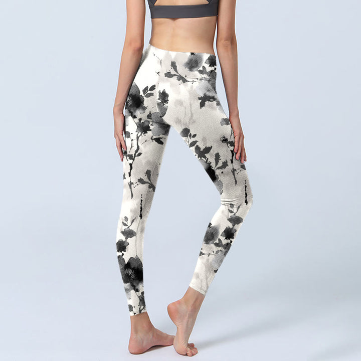 Buddha Stones Ink Painting Style Flower Pattern Print Gym Leggings Women's Yoga Pants - image 4