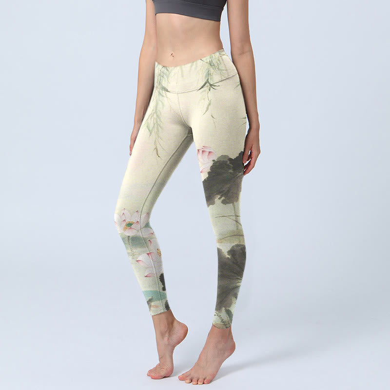 Buddha Stones Willow Leaves Lotus Pond Pattern Print Gym Leggings Women's Yoga Pants - Beige - US18，UK/AU22，EU50 (4XL) - image 1