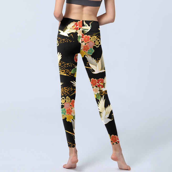 Buddha Stones Red-Crowned Cranes Colorful Floral Pattern Print Gym Leggings Women's Yoga Pants - image 6