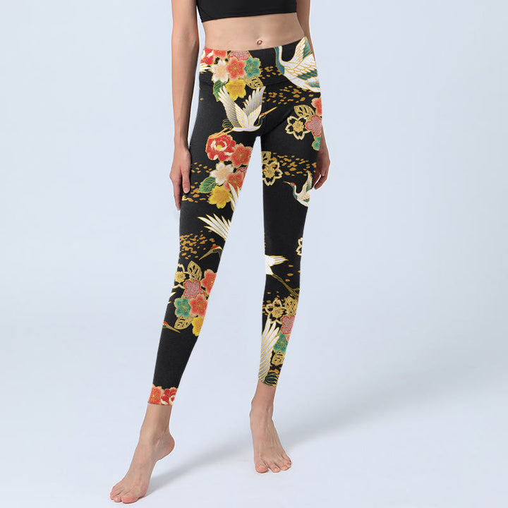 Buddha Stones Red-Crowned Cranes Colorful Floral Pattern Print Gym Leggings Women's Yoga Pants - image 5