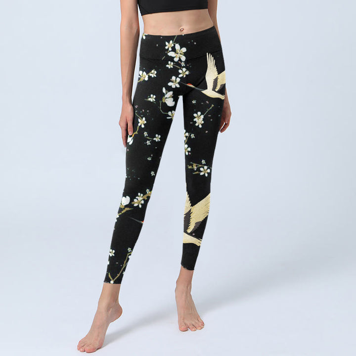 Buddha Stones Red-crowned Cranes Plum Blossoms Pattern Print Gym Leggings Women's Yoga Pants - image 5