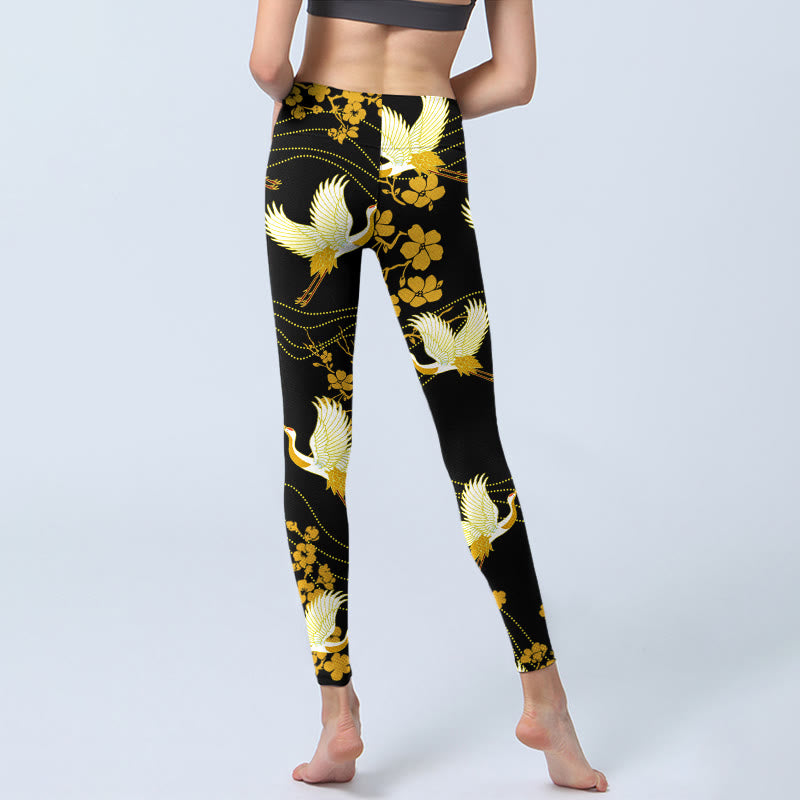 Buddha Stones Red-crowned Cranes Golden Flowers Line Pattern Print Gym Leggings Women's Yoga Pants - image 6