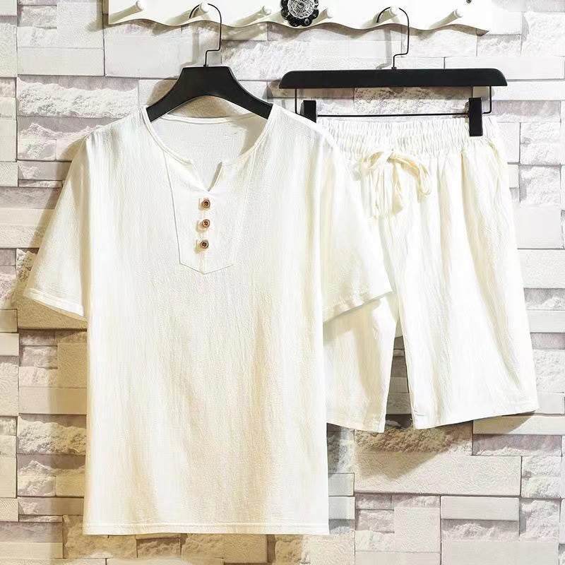 Buddha Stones 2Pcs Short Sleeve T-Shirt Drawstring Short Pants With Pockets Men's Cotton Linen Meditation Cloth Set - FloralWhite - US/UK/AU46，EU56 (5XL) - image 2