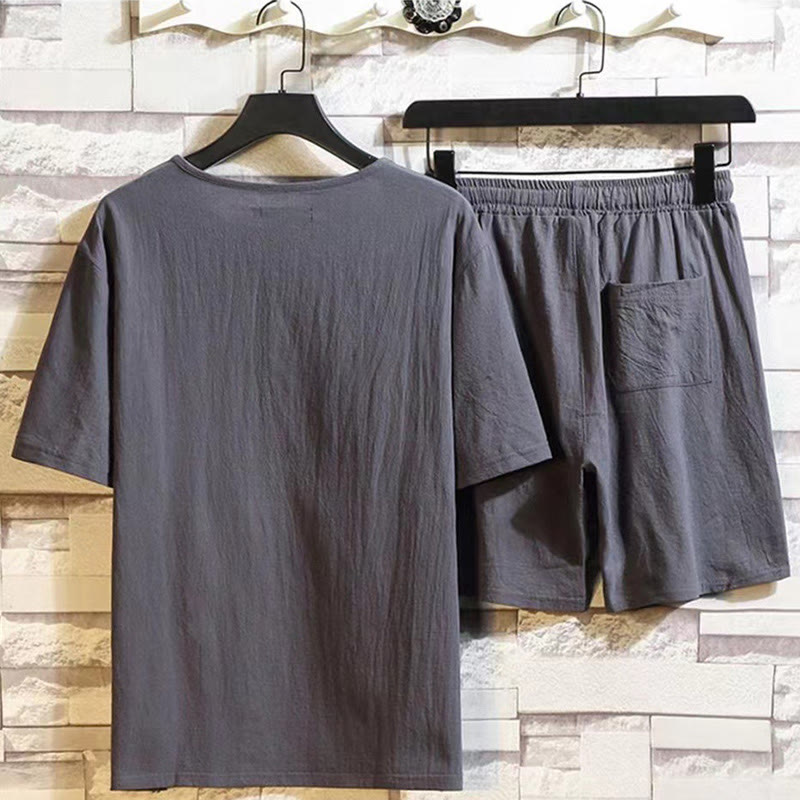 Buddha Stones 2Pcs Short Sleeve T-Shirt Drawstring Short Pants With Pockets Men's Cotton Linen Meditation Cloth Set - image 8
