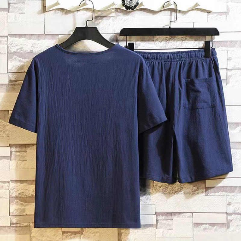 Buddha Stones 2Pcs Short Sleeve T-Shirt Drawstring Short Pants With Pockets Men's Cotton Linen Meditation Cloth Set - image 1