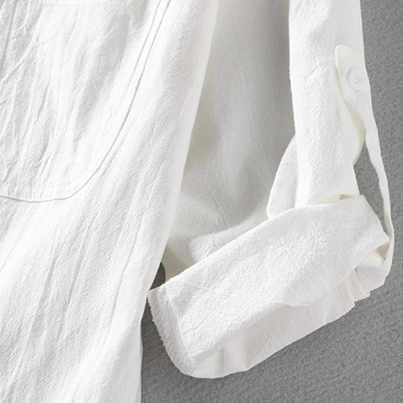 Buddha Stones Vintage Casual Plain Single Breasted Three Quarter Sleeve Men's Cotton Linen Shirt With Pocket - image 6