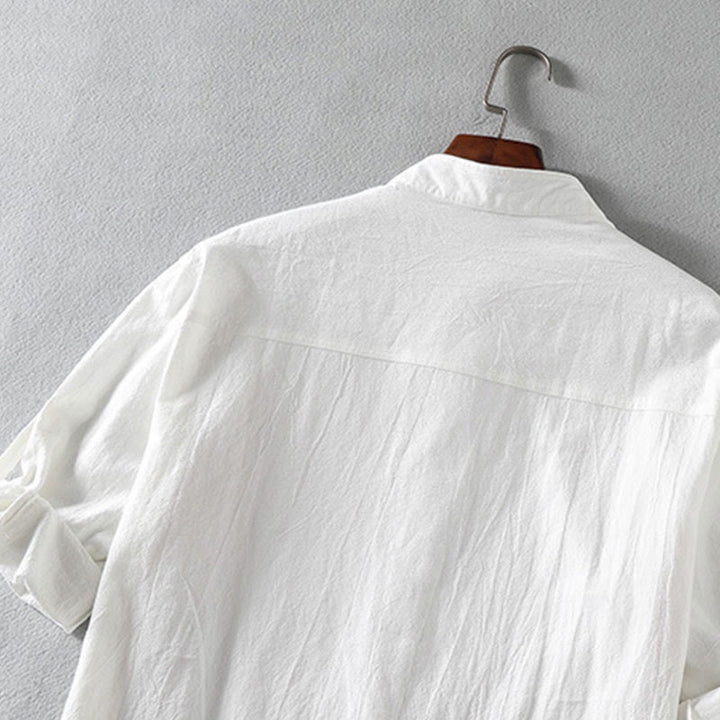 Buddha Stones Vintage Casual Plain Single Breasted Three Quarter Sleeve Men's Cotton Linen Shirt With Pocket - image 4