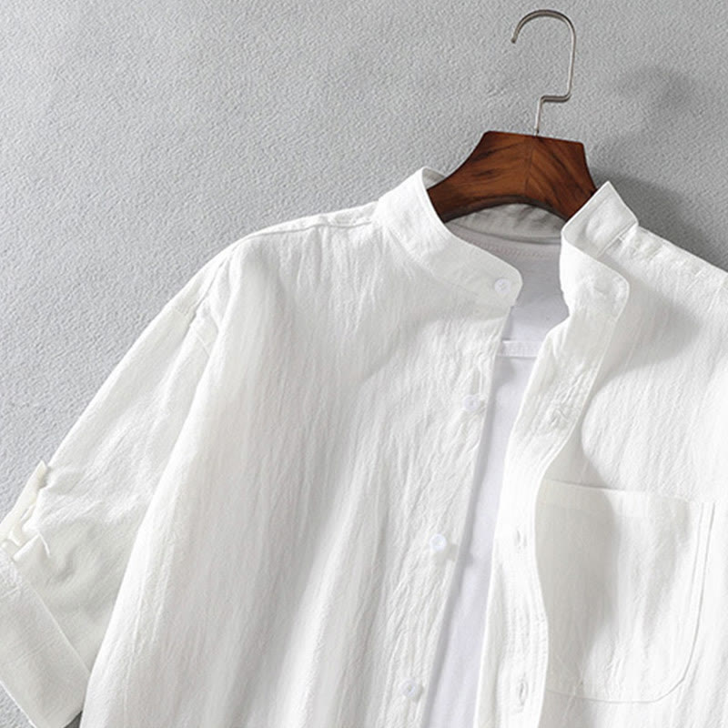 Buddha Stones Vintage Casual Plain Single Breasted Three Quarter Sleeve Men's Cotton Linen Shirt With Pocket - image 3