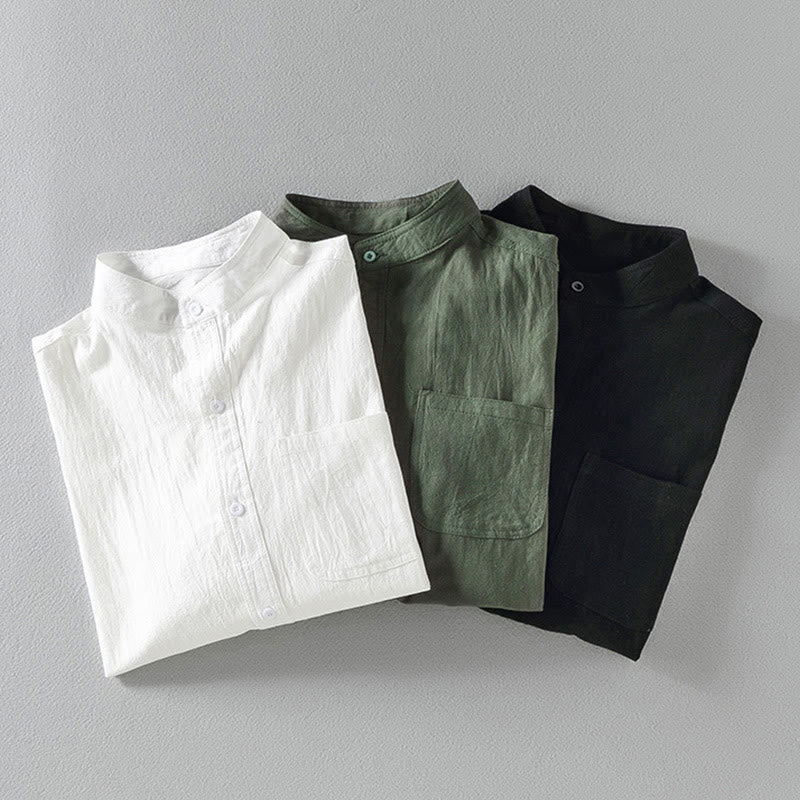 Buddha Stones Vintage Casual Plain Single Breasted Three Quarter Sleeve Men's Cotton Linen Shirt With Pocket - image 16