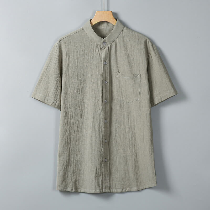 Buddha Stones Daily Printing Solid Color Single Breasted Men's Short Sleeve Cotton Linen Shirt WIth Pockets - DarkKhaki - US/UK/AU46，EU56 (5XL) - image 12