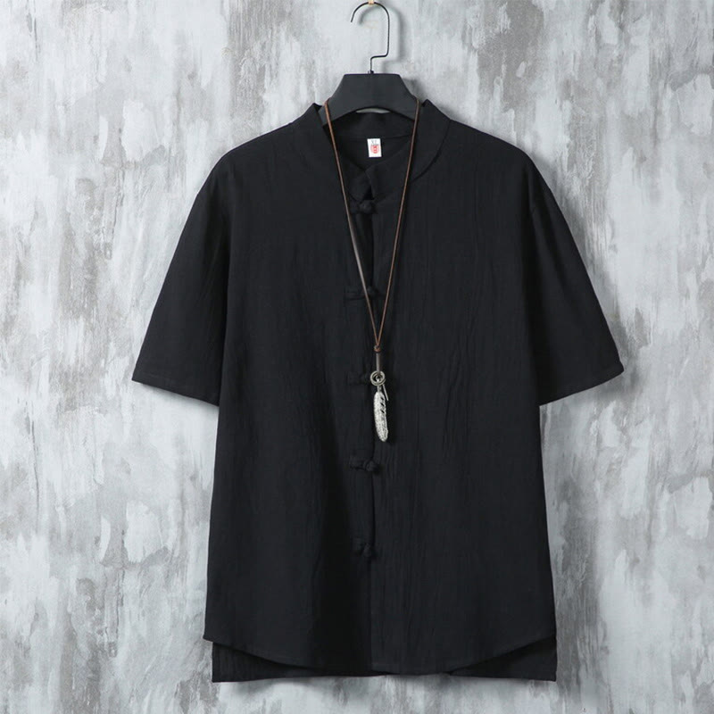 Buddha Stones Daily Casual Plain Chinese Frog-Button Men's Short Sleeve Cotton Linen Shirt - Black - US/UK/AU46，EU56 (5XL) - image 10